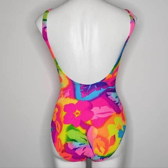 Vintage colorful neon pink yellow blue tropical hibiscus floral swimsuit 8 - Picture 7 of 12